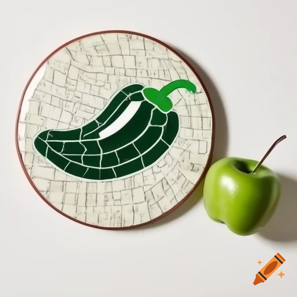 Round mosaic tiles featuring green jalapeno and green apple in Ukiyo-e style