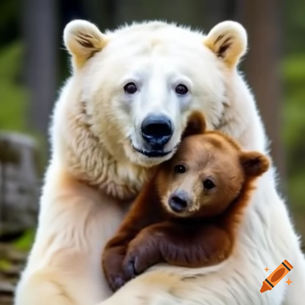 White bear embracing brown bear in a romantic style