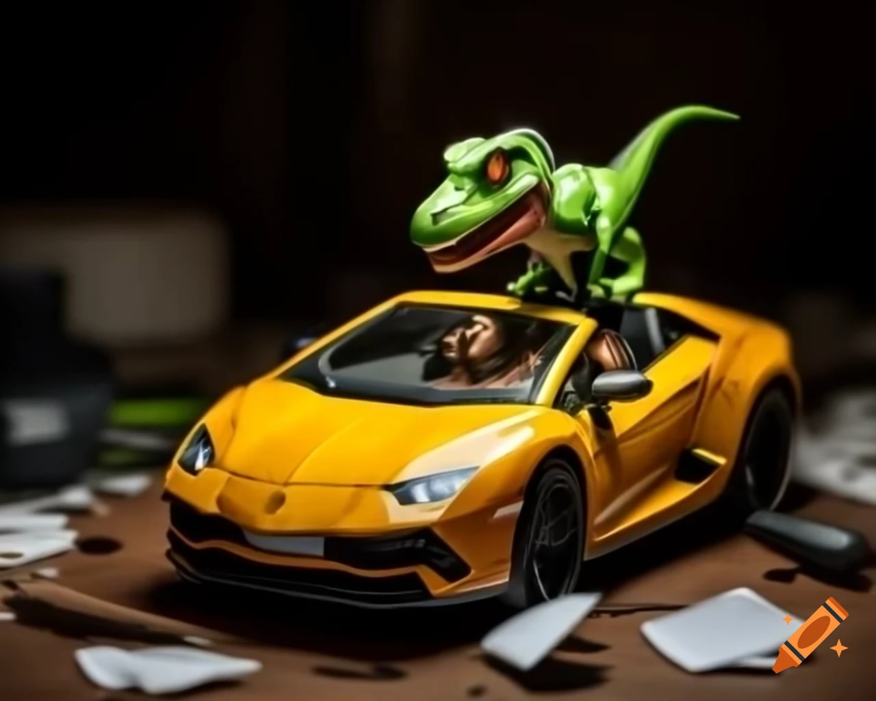 Amiibo figure of dinosaur driving Lamborghini on broken box and cluttered bed