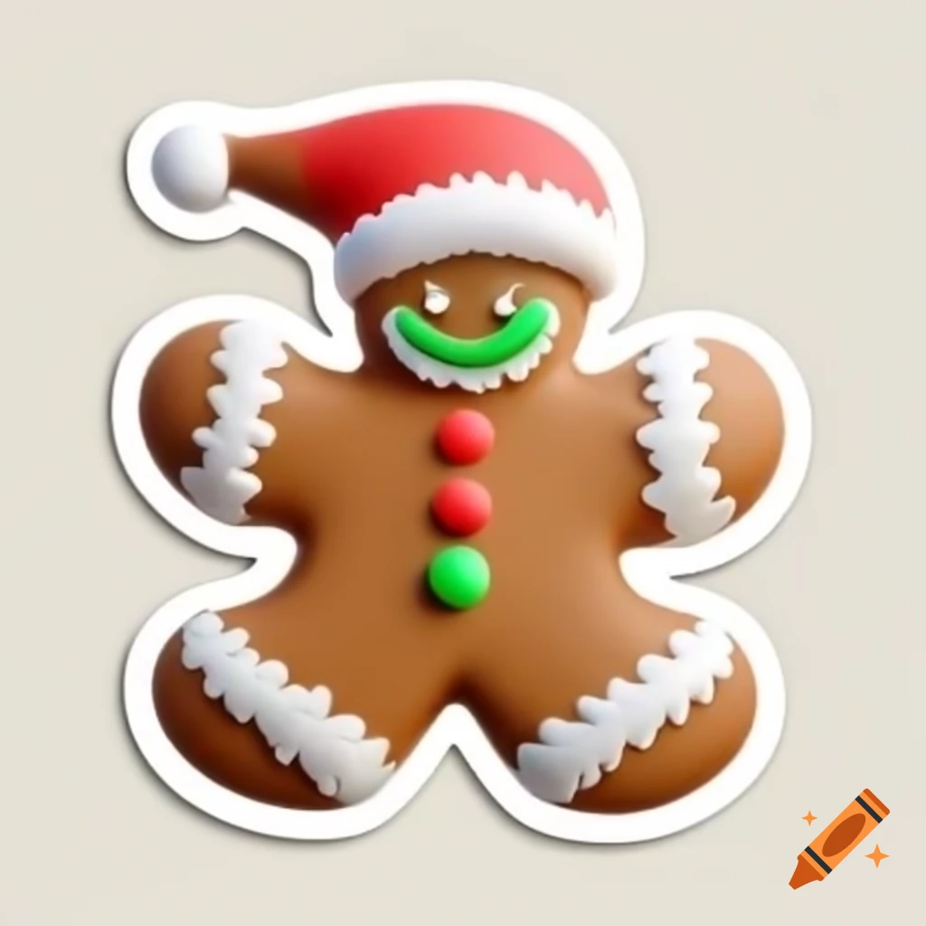 Cartoon gingerbread man dressed as Santa Claus on white background