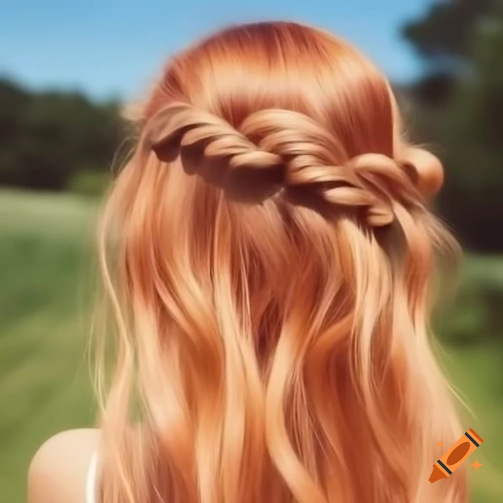 View of pale copper hair in a plait from behind outdoors