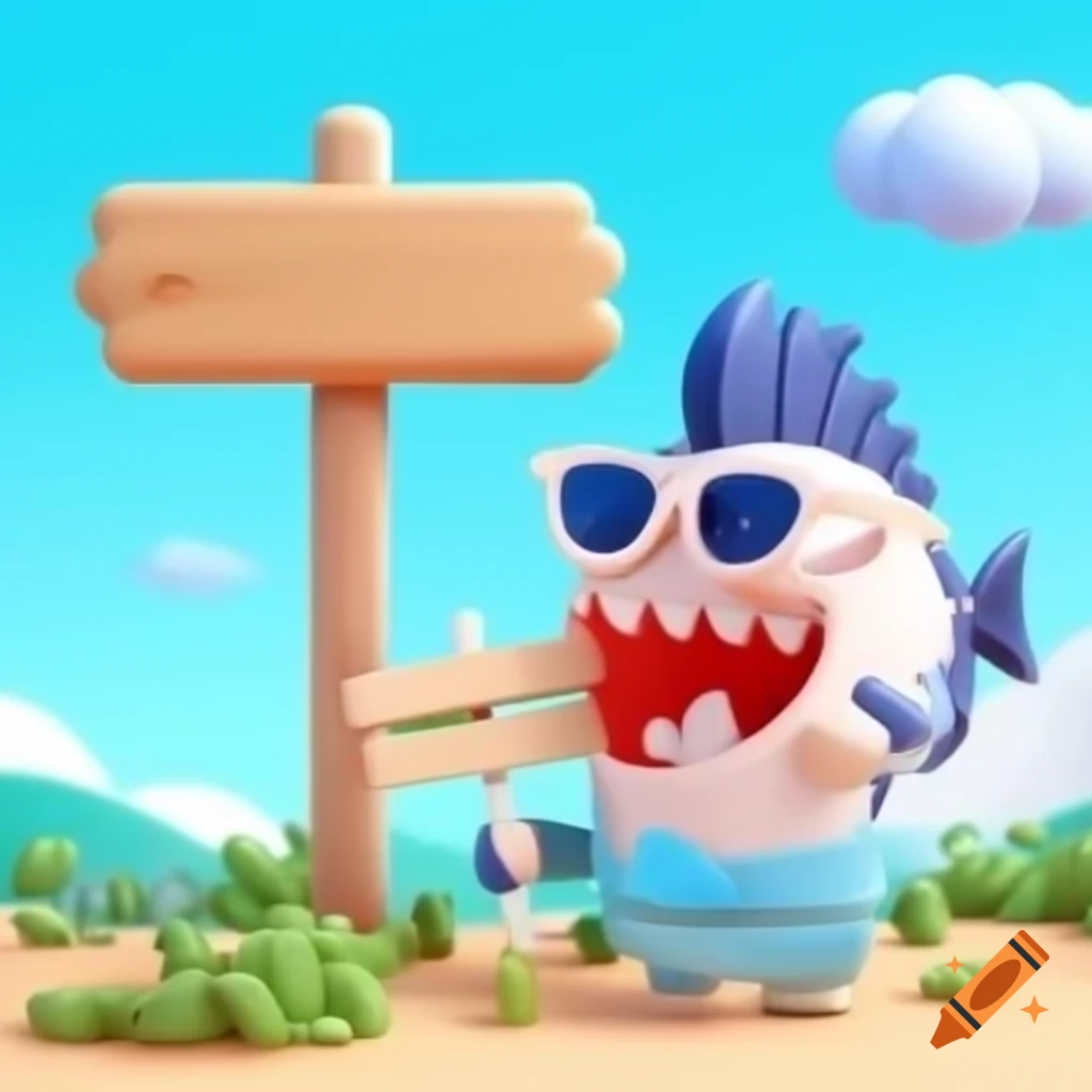 Cartoon mullet fish in sunglasses next to vacation sign
