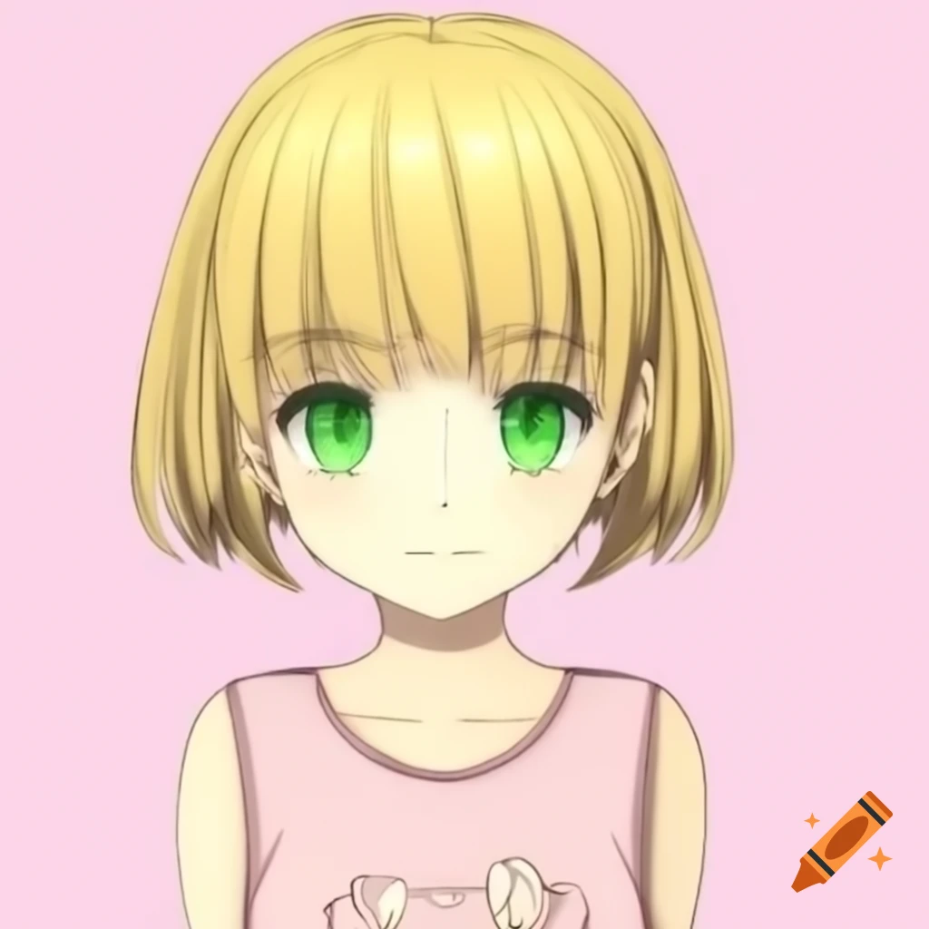Anime girl with blonde hair and green eyes in light pink t-shirt
