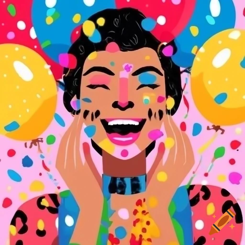 Birthday card with woman in leopard skin clothing, balloons, and confetti