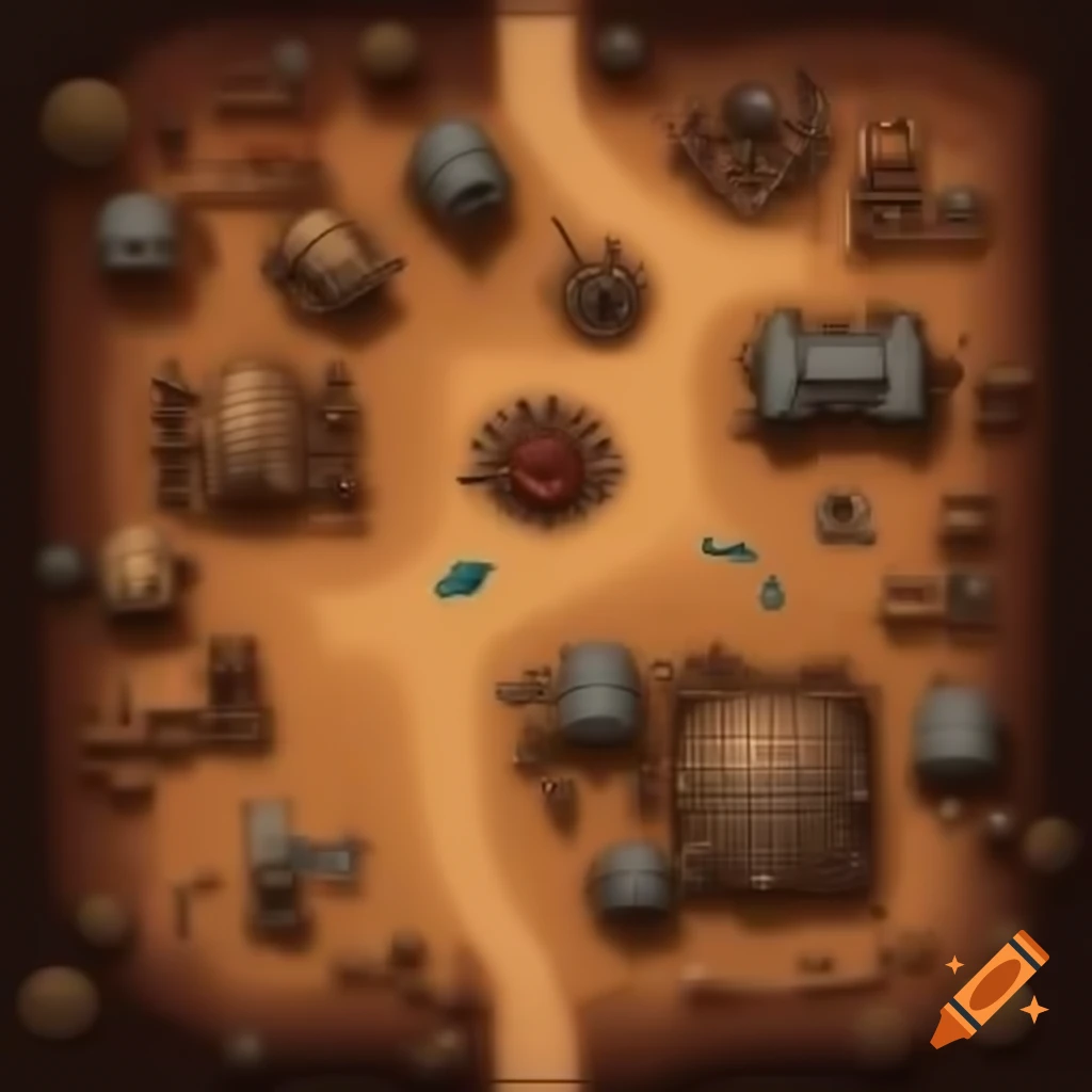 Top down view of science fiction desert village battlemap