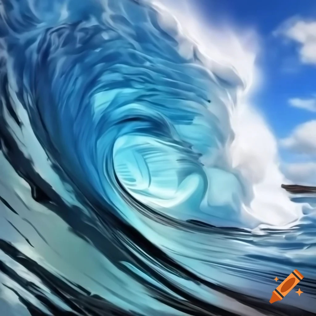 High blue wave breaking with white foam in ocean, painting in Manet style