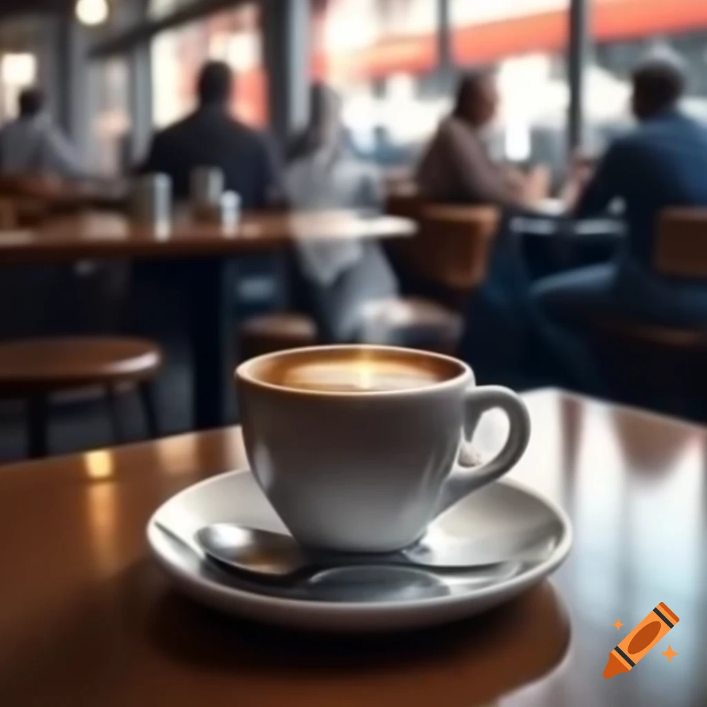 Steaming cup of coffee on table in busy cafe