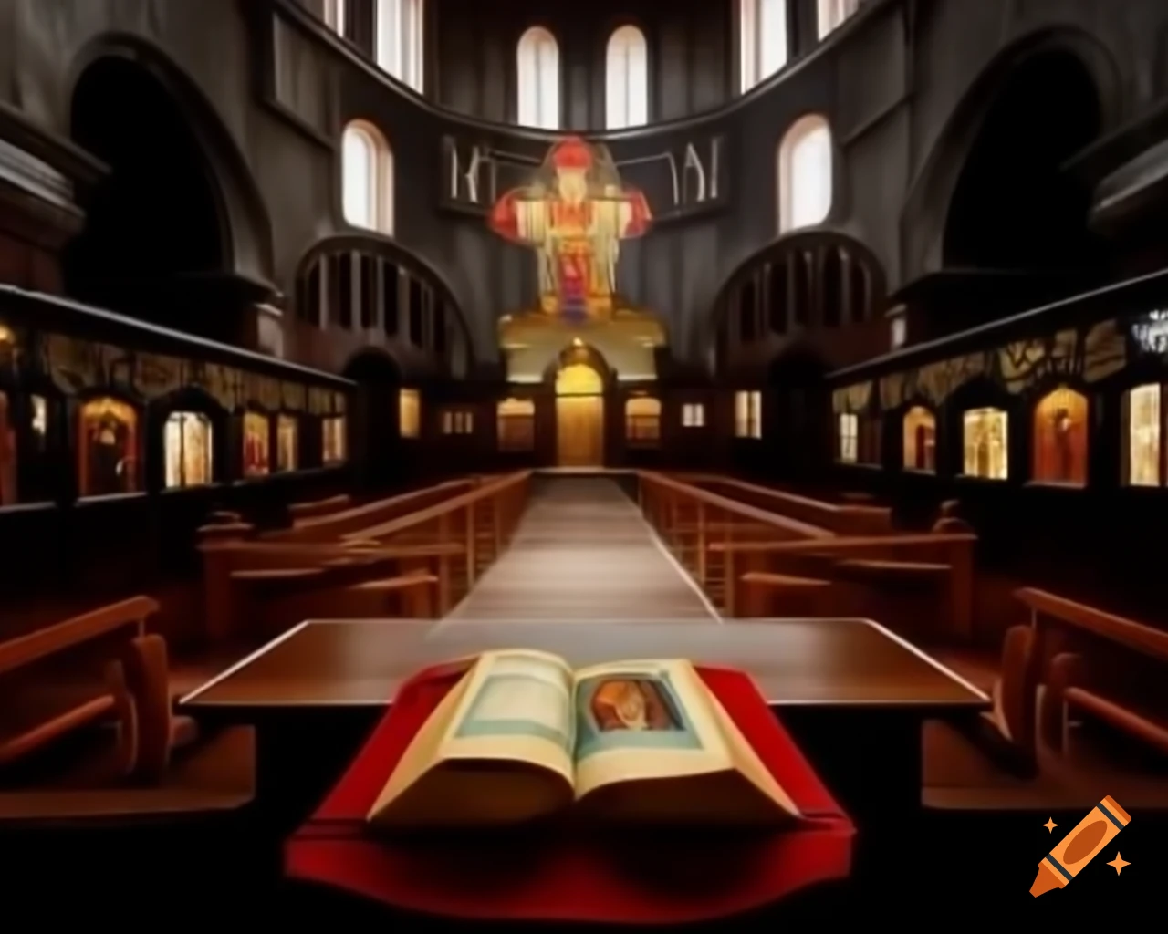 Open book on table in church with beautiful illumination and iconostasis