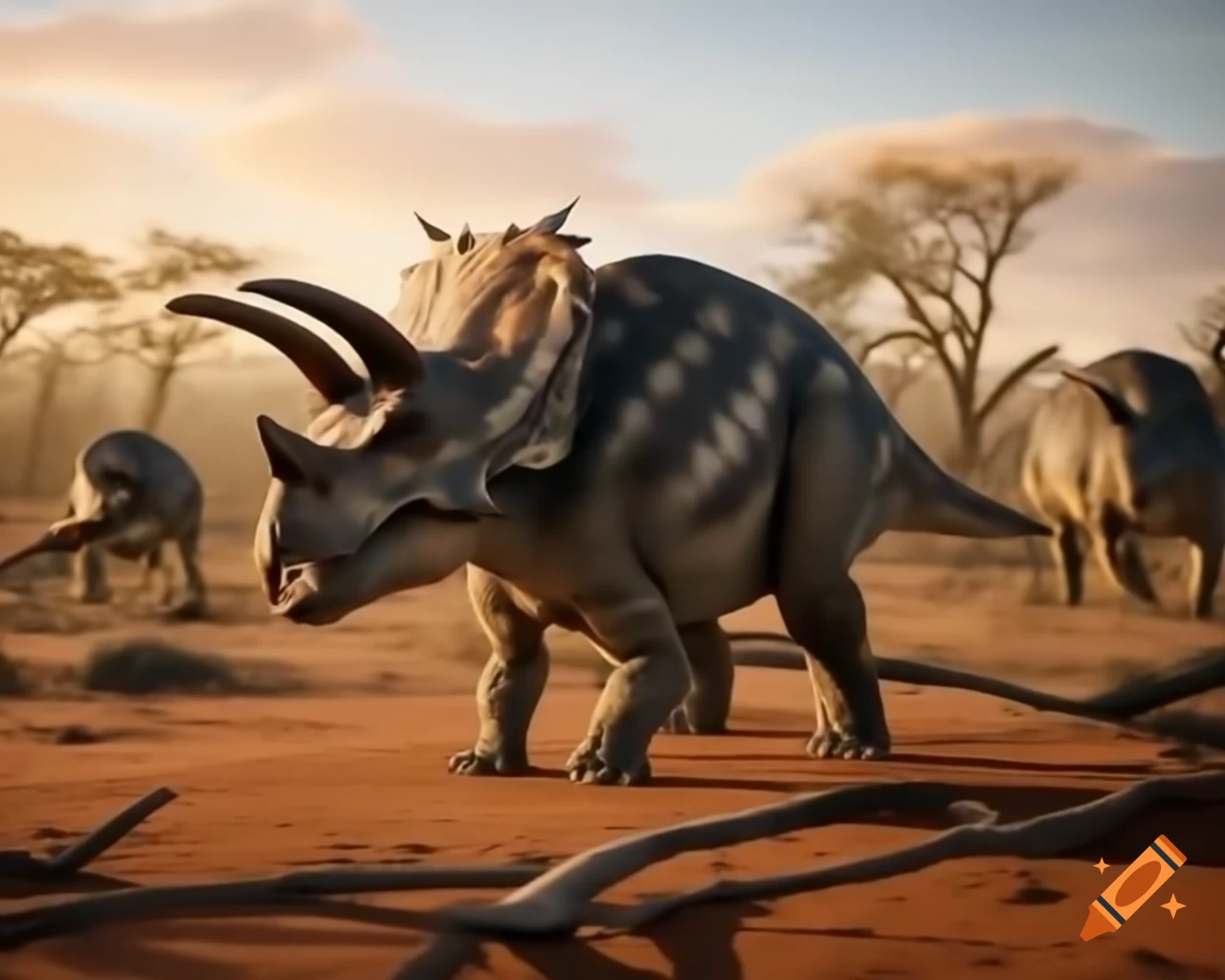 Herd of protoceratops in sunny outback landscape during golden hour