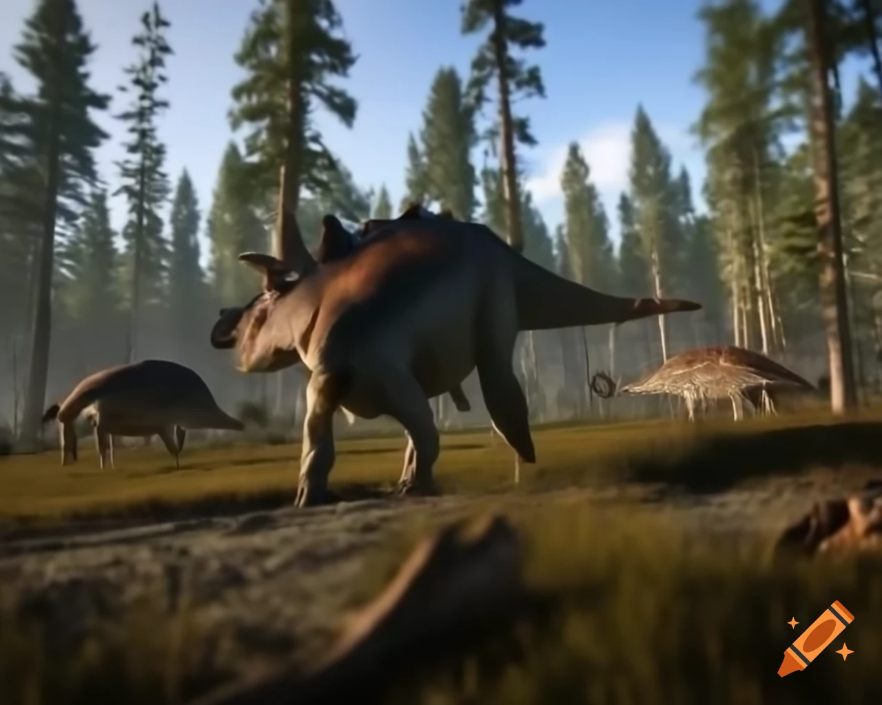 Herd of protoceratops crossing sunny scrubland in British Columbia