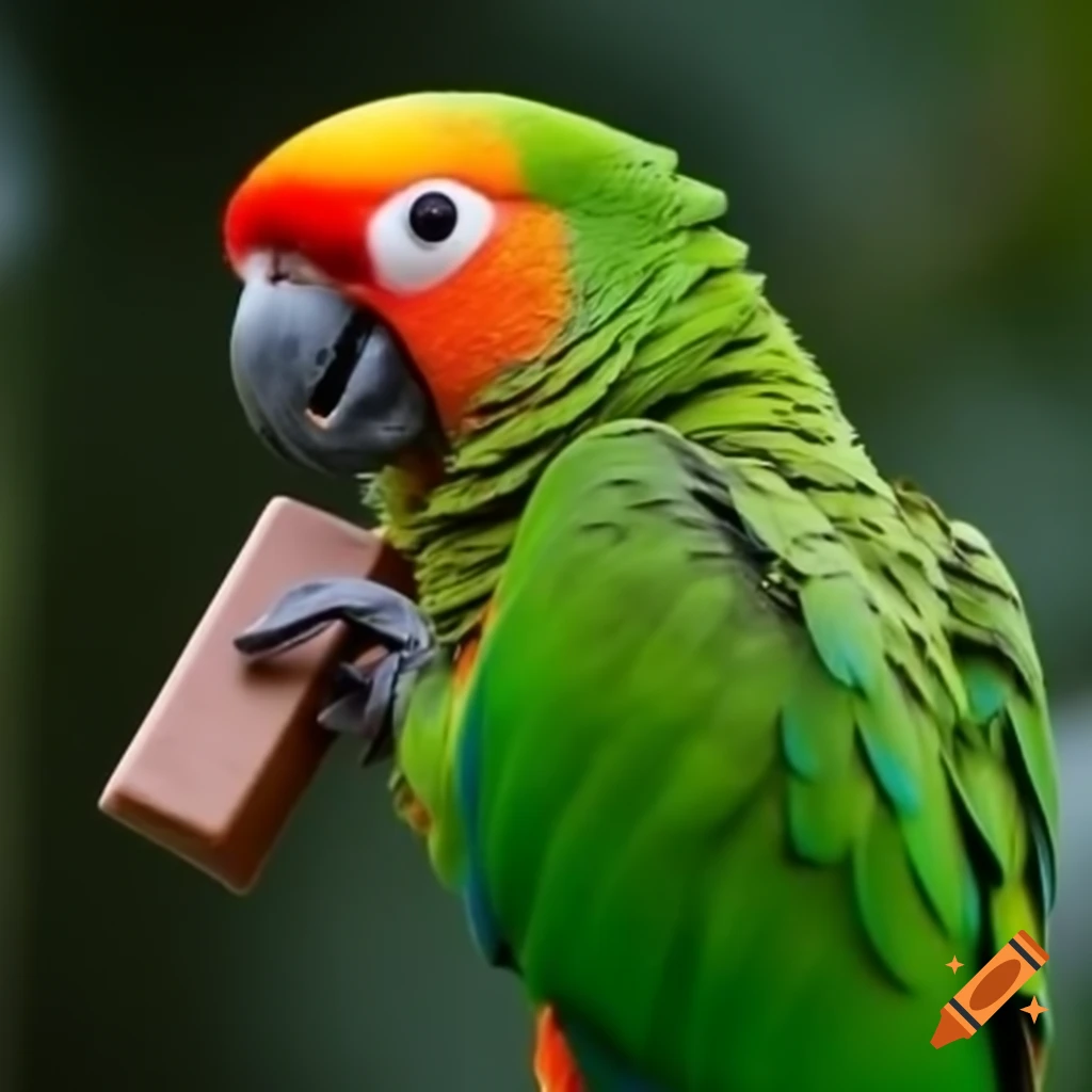 Hyperrealistic jungle parrot enjoying a chocolate square