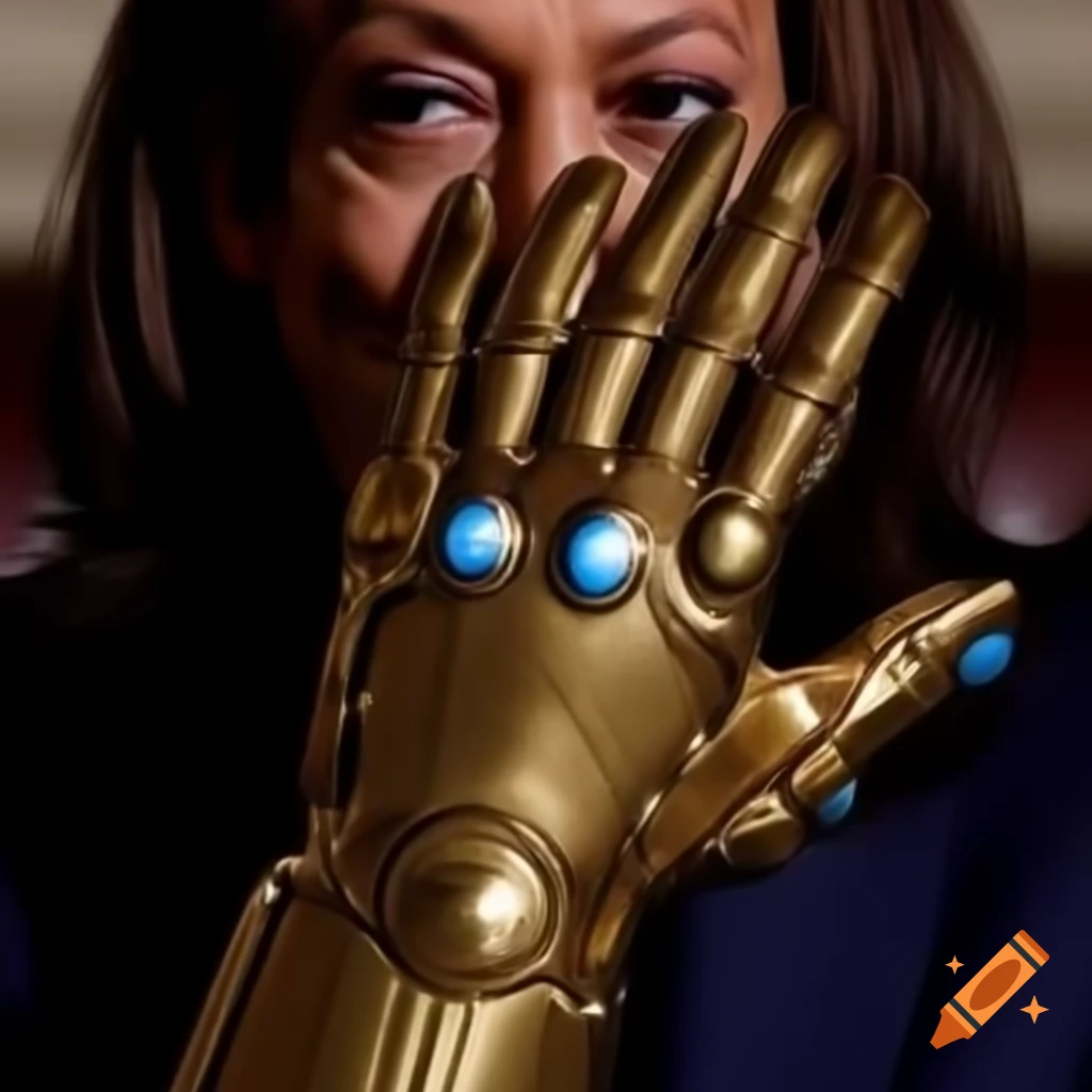 Kamala Harris wearing the infinity gauntlet, a blend of politics and fantasy
