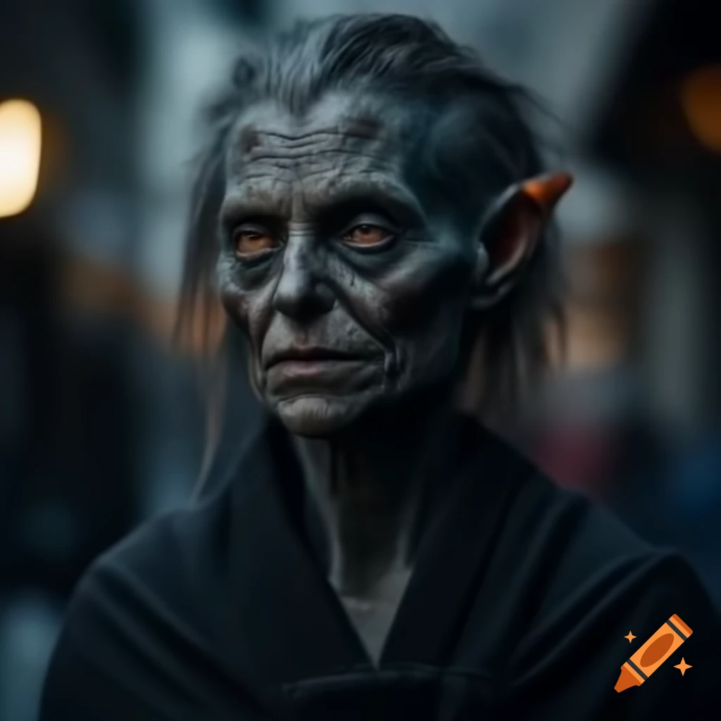 Nosferatu woman with gray skin and messy hair in robe at night in San Francisco