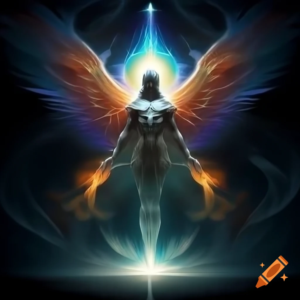 Colossal, ethereal figure radiating with prismatic colors