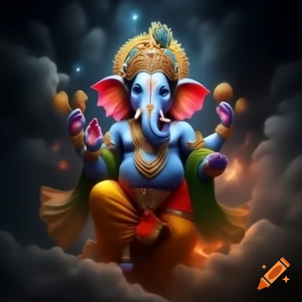 Ganesh depicted as Krishna with fireworks and a crowd in the background