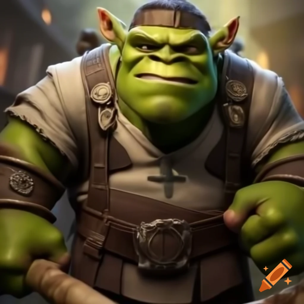 Cartoon of green orc professor in university mantle and cap holding scrolls