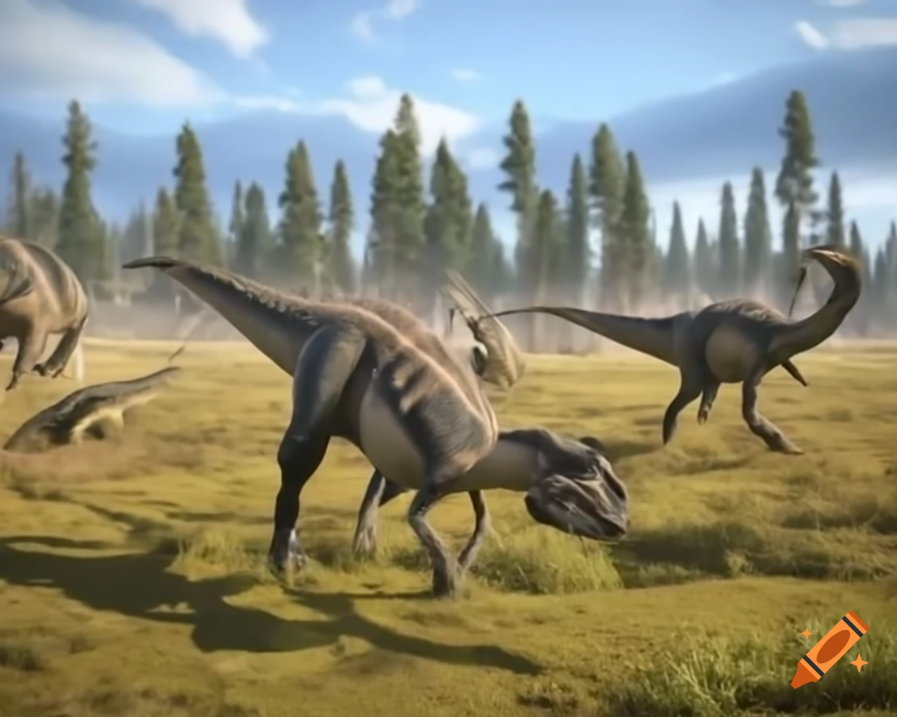 Herd of Hadrosaurus crossing sunny terrain with vegetation in British Columbia