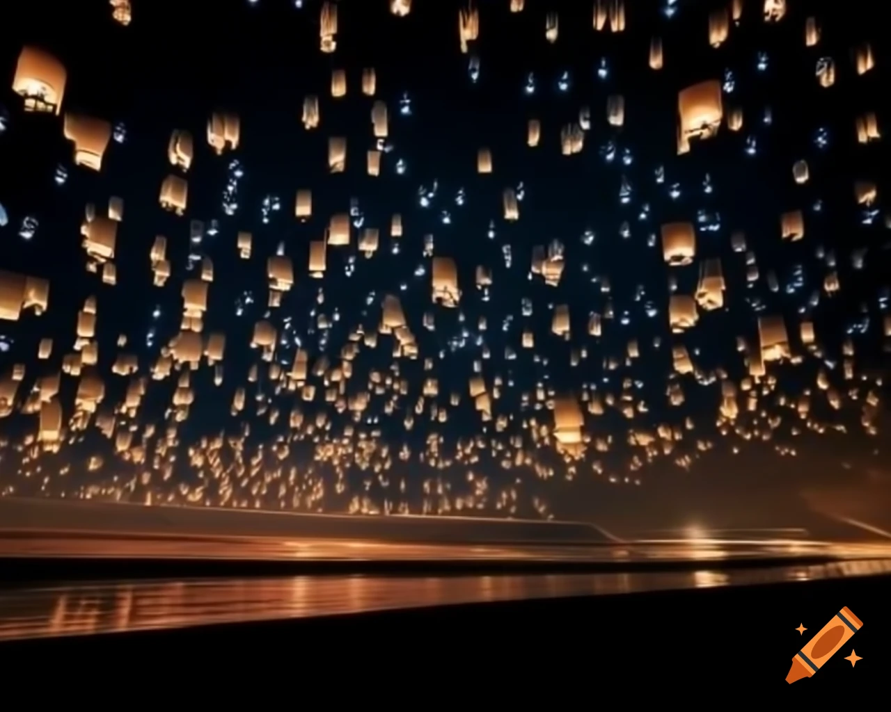 Night sky on beach adorned with oriental floating lamps