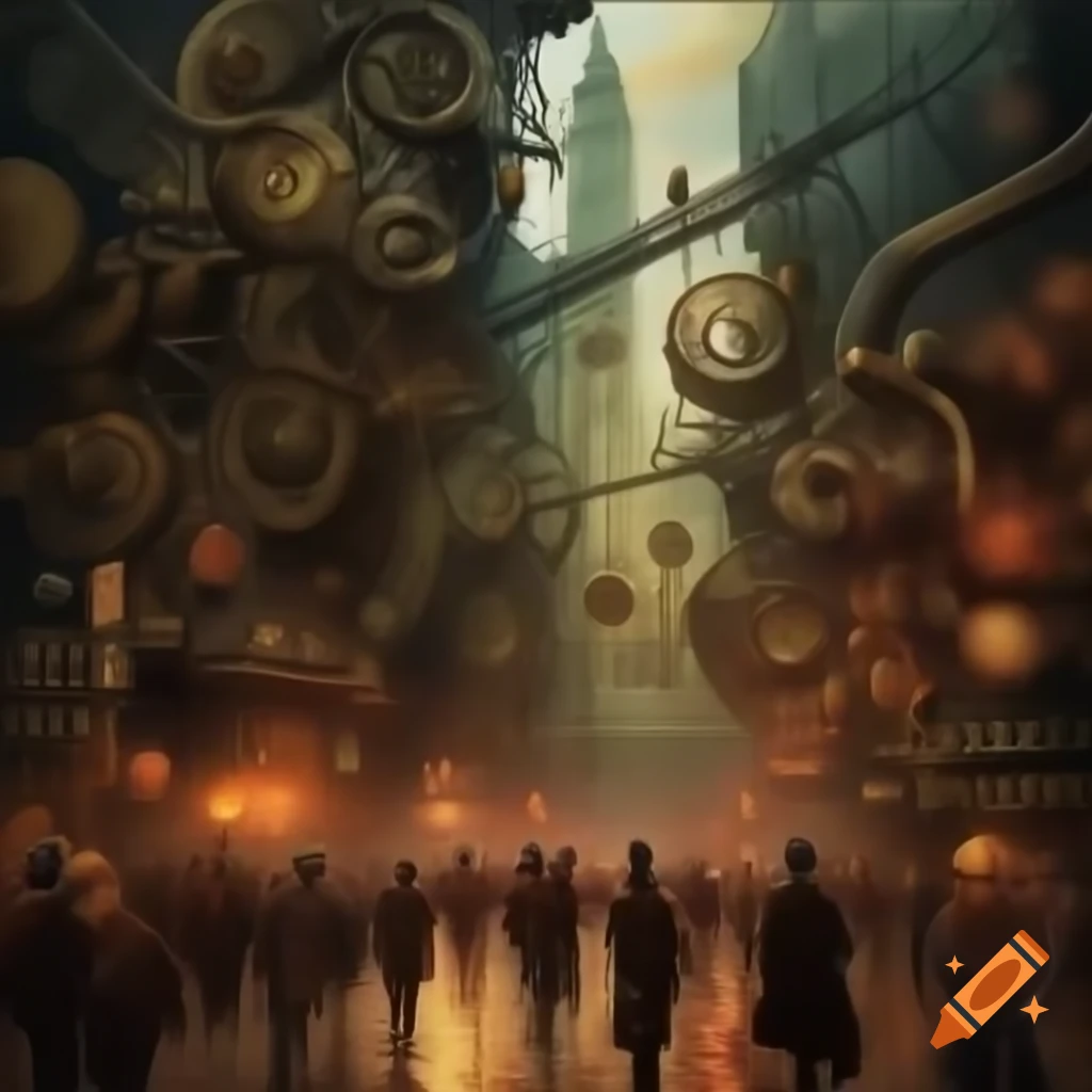 Steampunk Victorian cityscape with mechanical marvels and steam-powered carriages