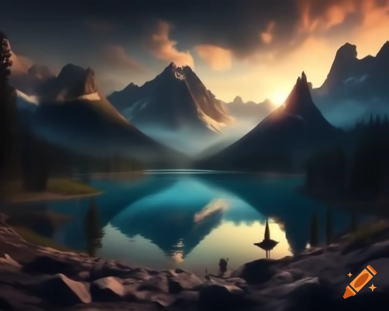 Photorealistic 3D render of mountain lake at sunset with sun rays and island
