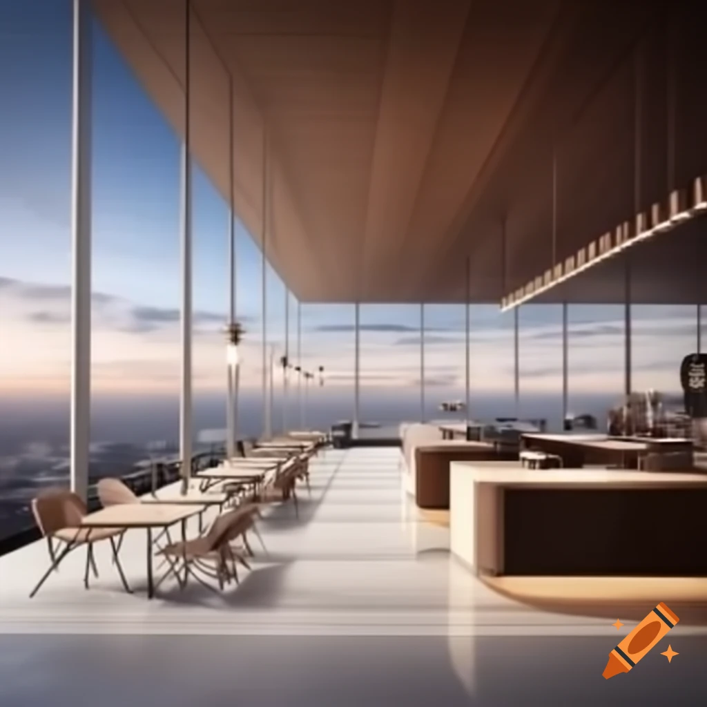 Modern coffee shop interior in skyscraper with multiple angles