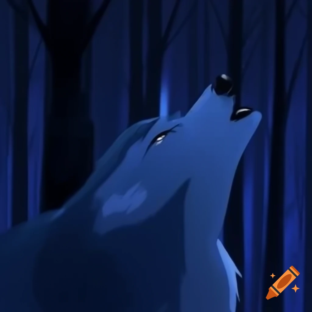 Wolf in dark blue forest setting