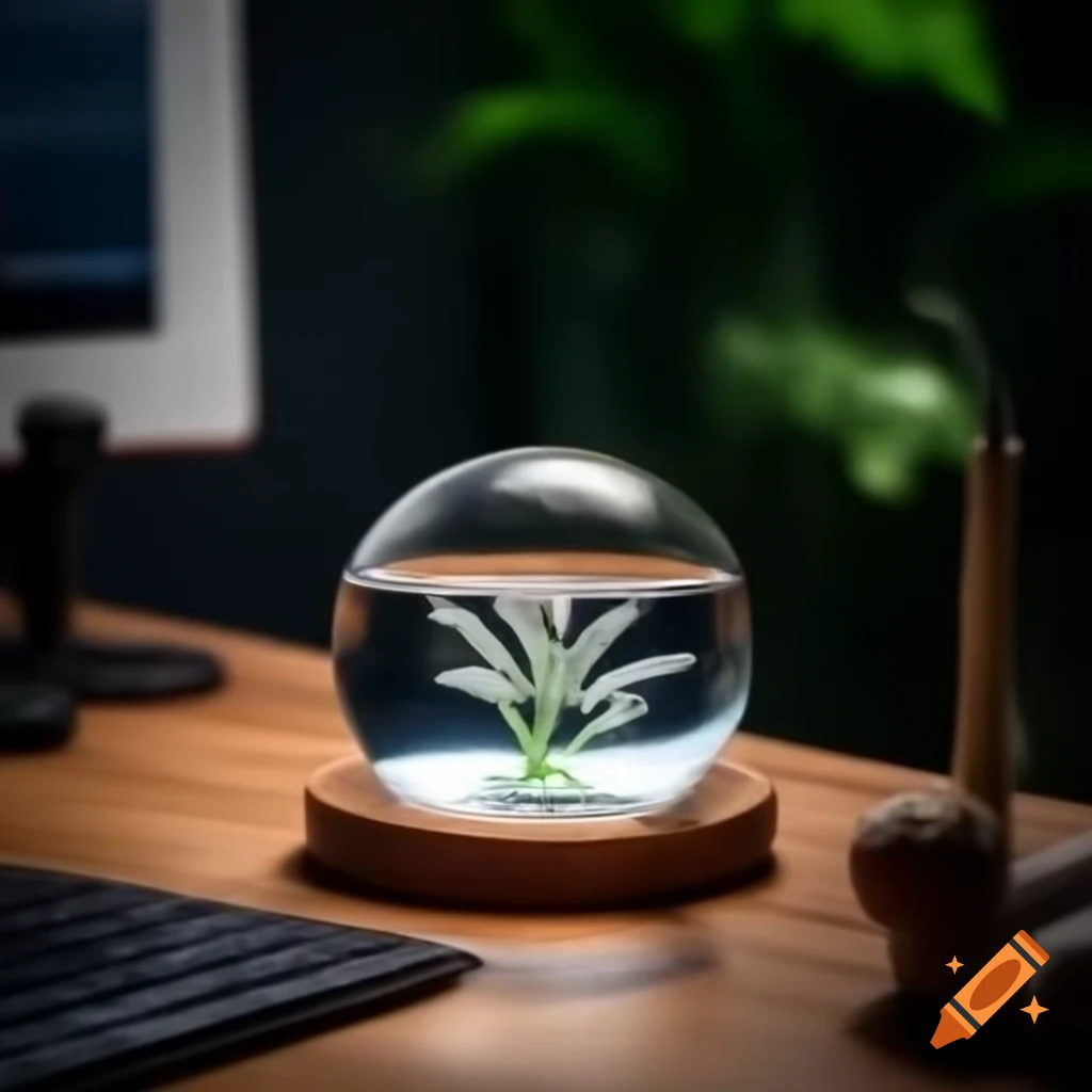 Close-up of tiny glass ball aquarium on wooden desk with bright lighting
