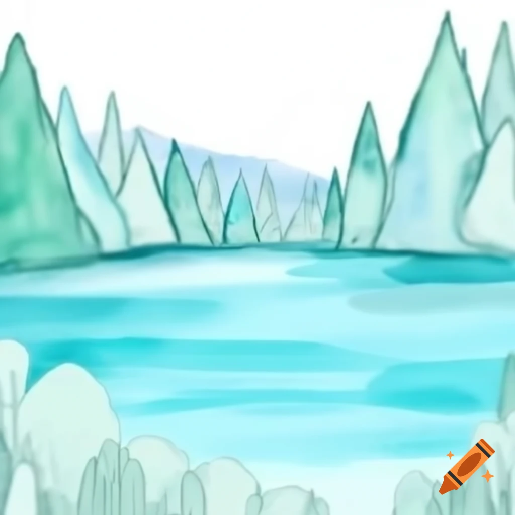 Sparkling summer lake in watercolor shades of blue and teal, storybook style