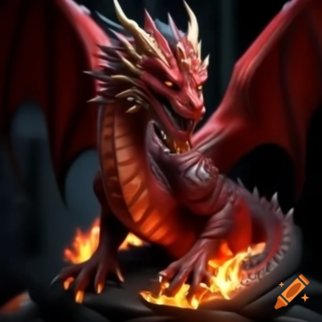 Detailed red fire dragon with glowing orange cracks and fire powers