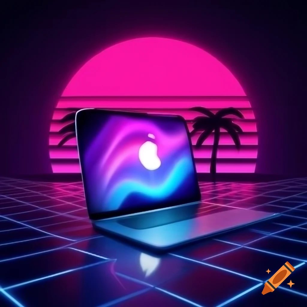 Futuristic Vaporwave scene with illuminated Apple product and neon lights