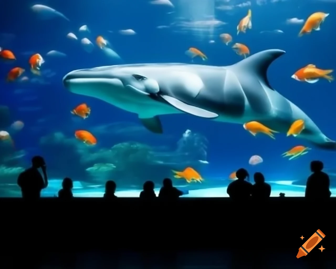 Huge aquarium with whales, dolphins, and goldfish, people observing