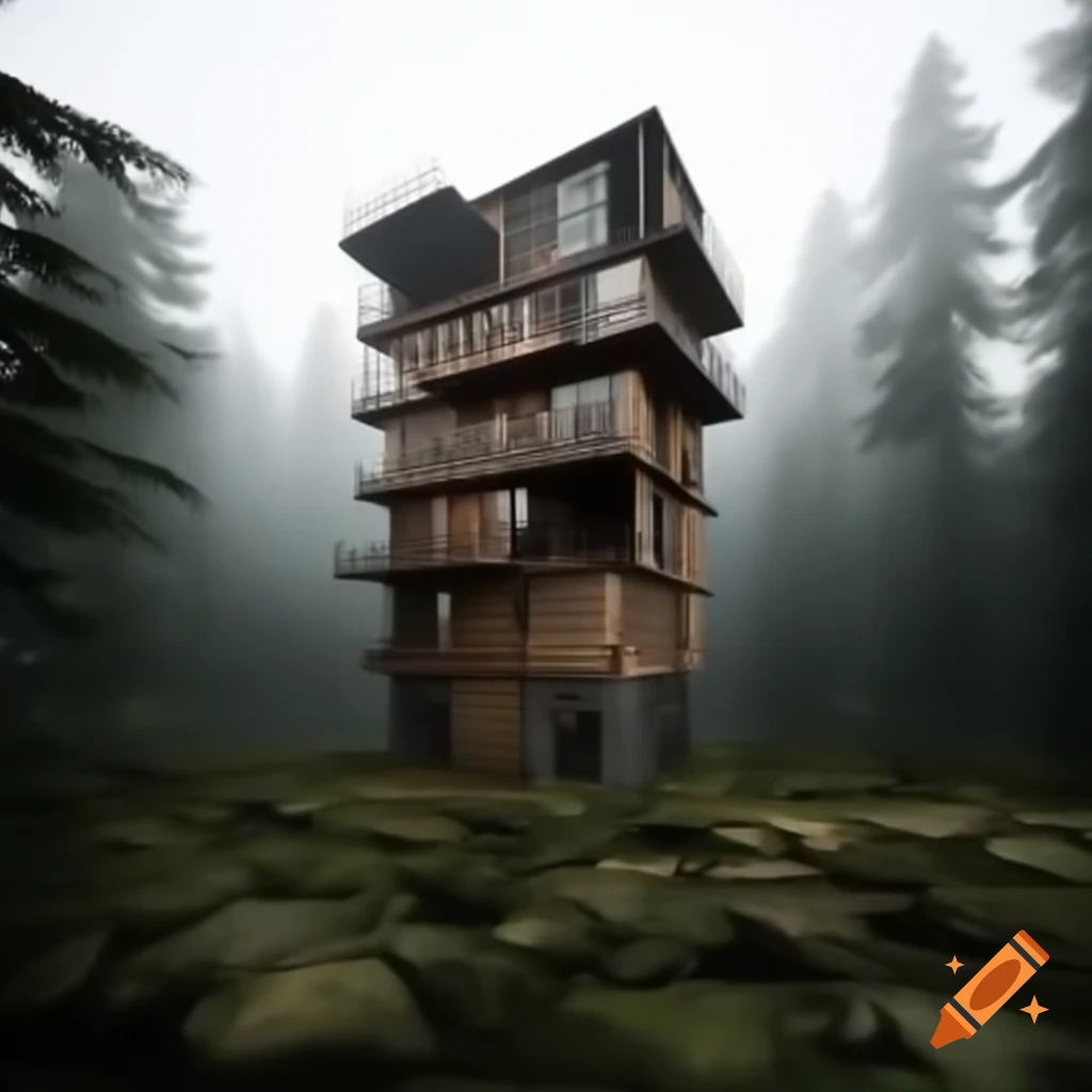 Giant dilapidated apartment building piercing clouds in foggy woods