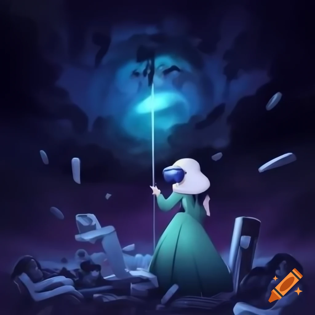 Surreal scene with alien goddess vampire angel amidst battle wreckage