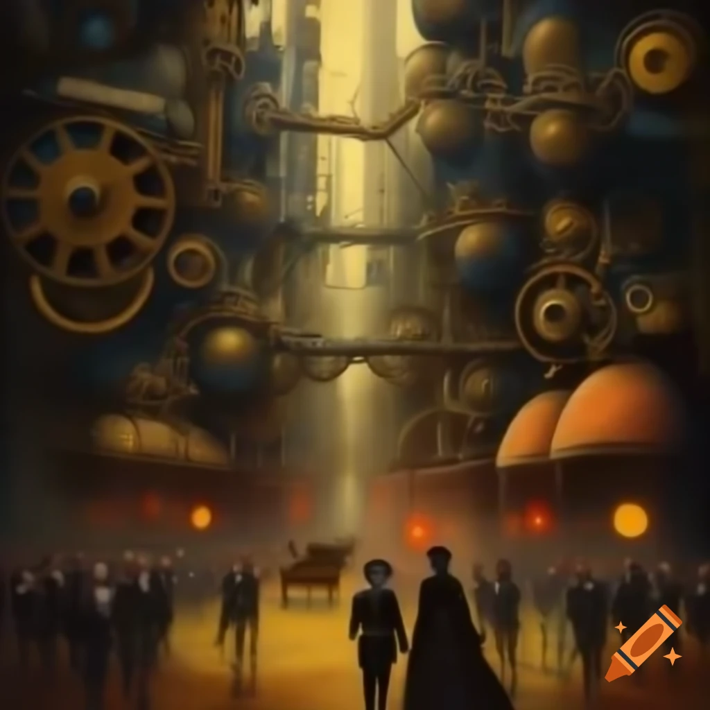 Steampunk Victorian cityscape with mechanical marvels and steam-powered carriages