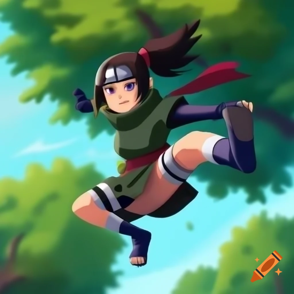 Anime ninja girl jumping between trees in dynamic action scene