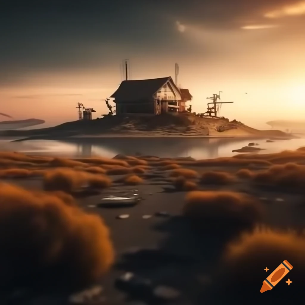 Post-apocalyptic island landscape at sunset with orange and purple sky