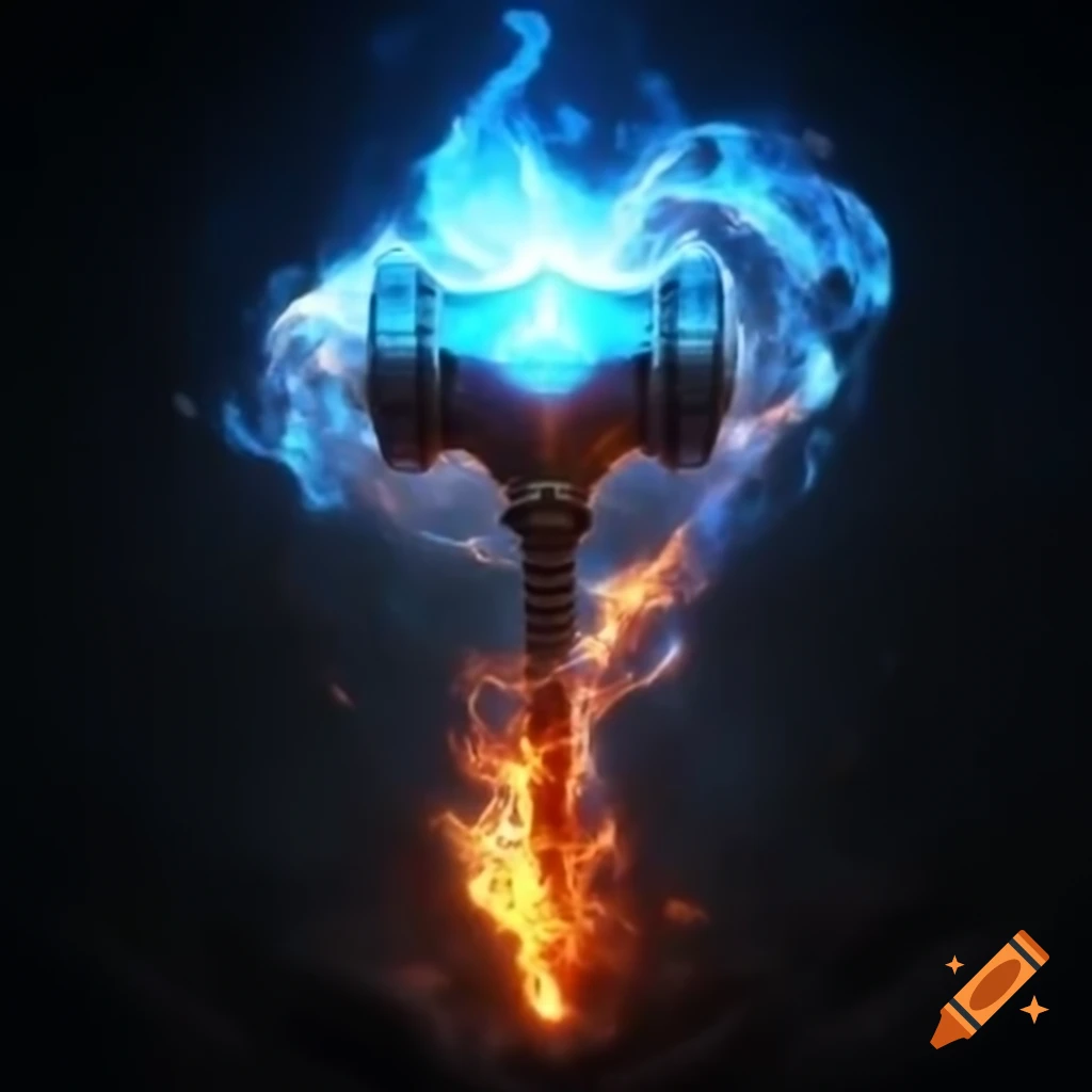 Floating battle hammer with blue aura and flaming spirit