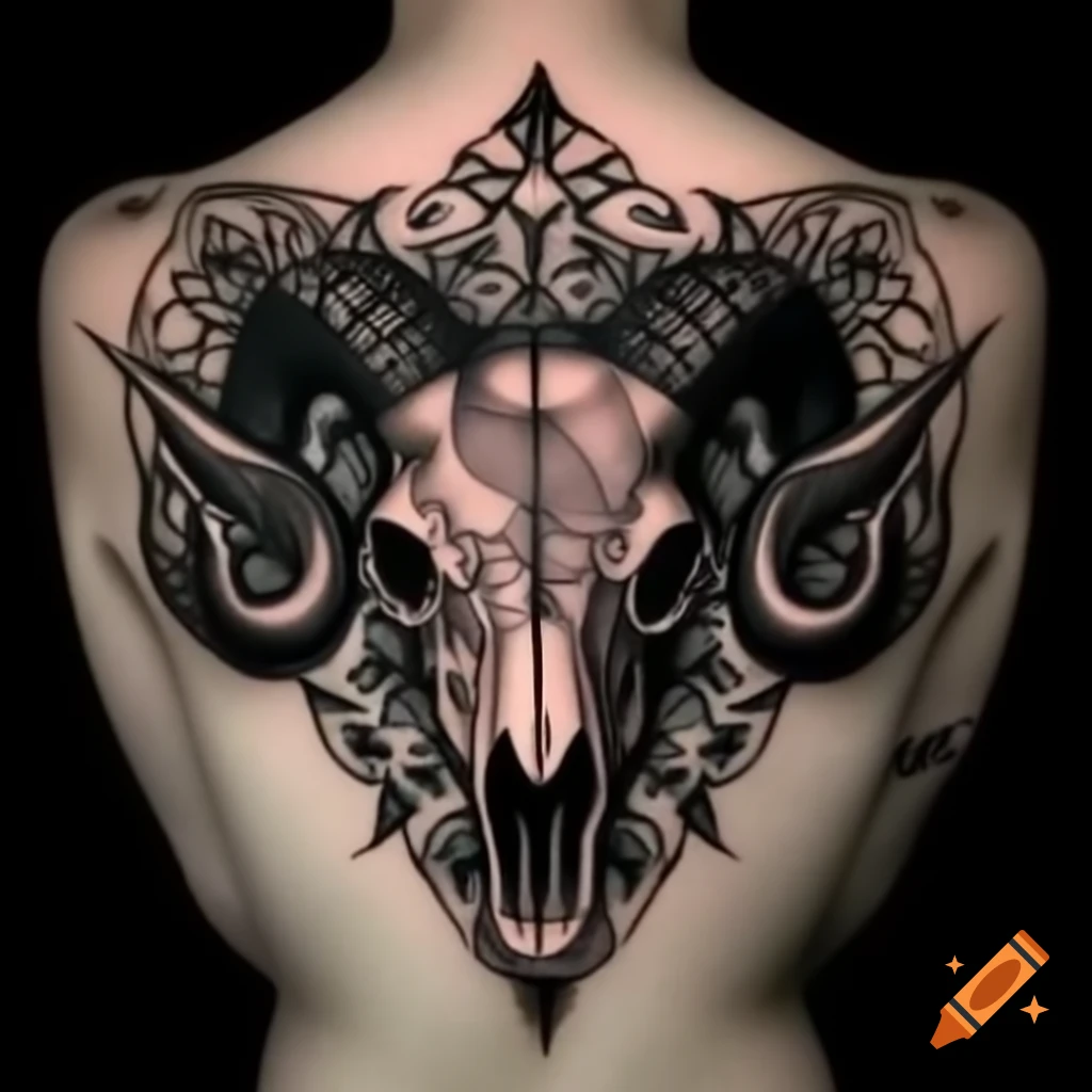 Gothic style ram skull tattoo with dark ornamental and sigilism elements