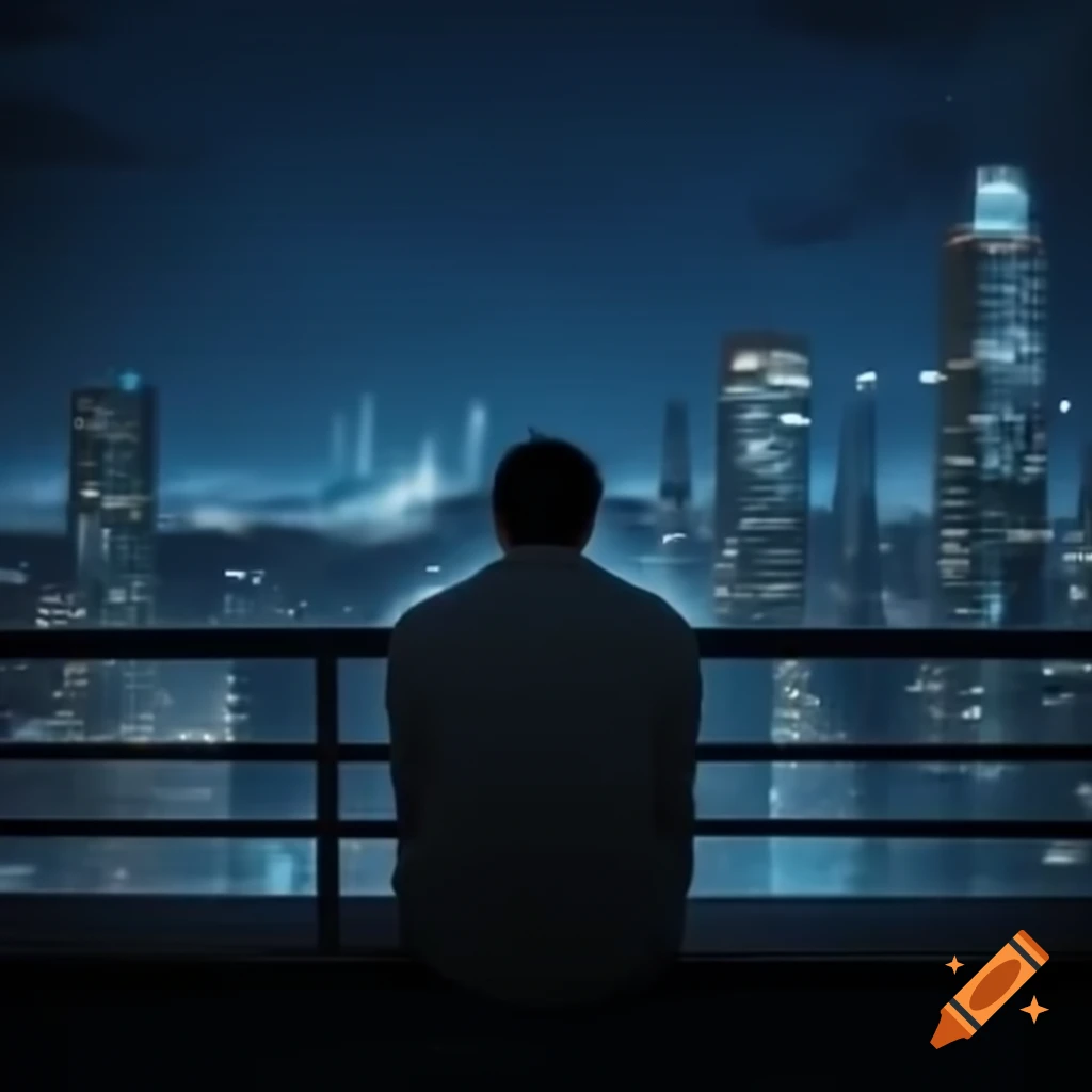 Man on balcony overlooking city at night, expressing sadness