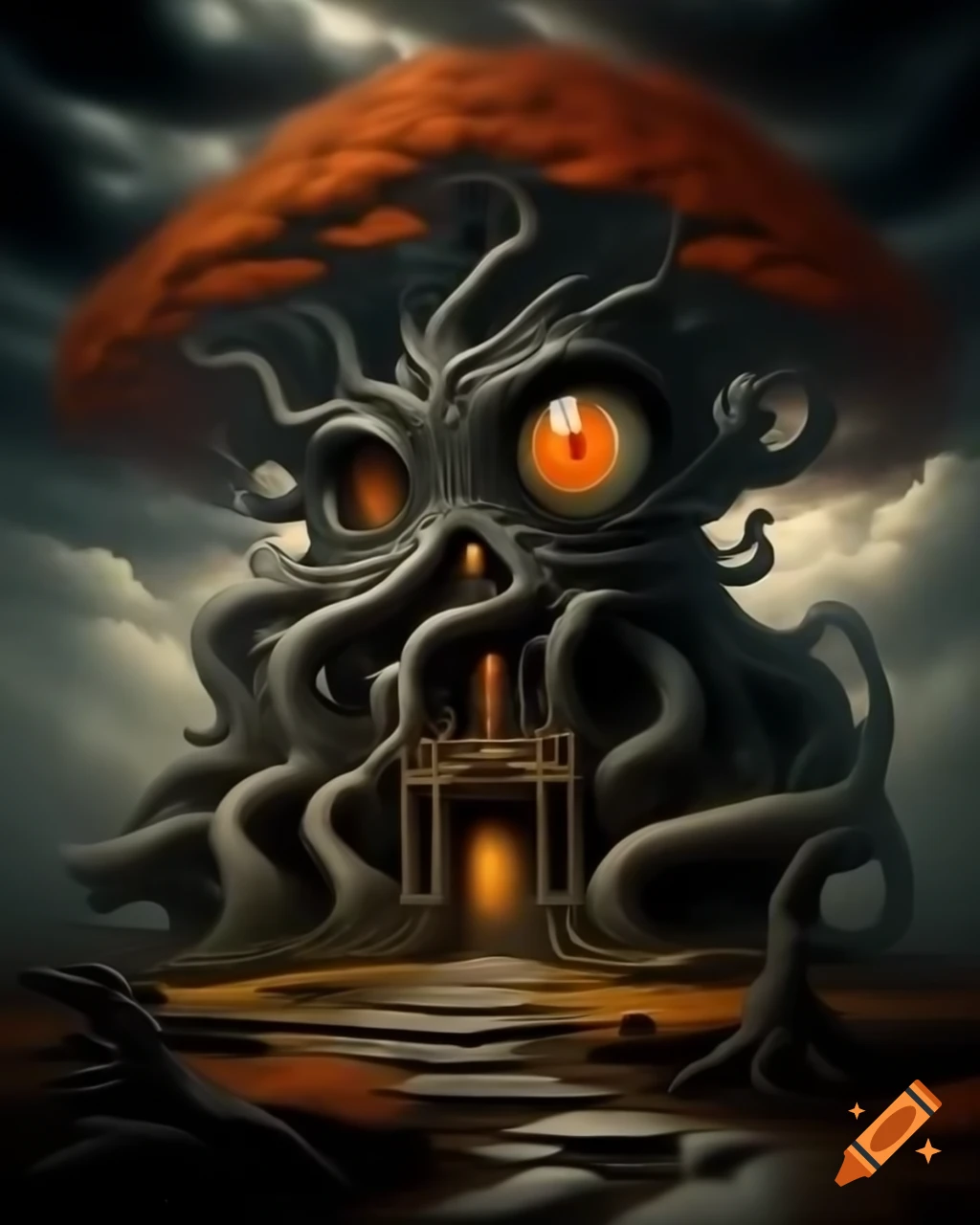 Surreal baroque fantasy art of towering autumn tree house with eye in clouds