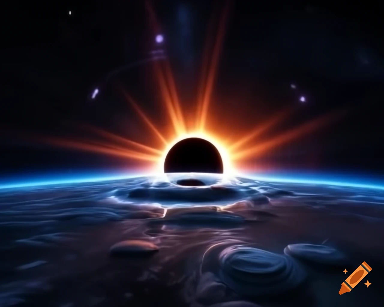 Hyperrealistic black hole in space scene with stars and colorful rim lights