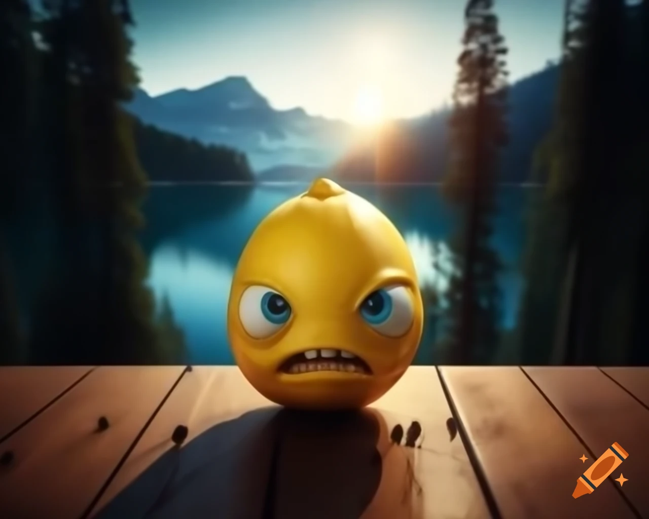 Surreal lemon monster sculpture with human features in forest setting