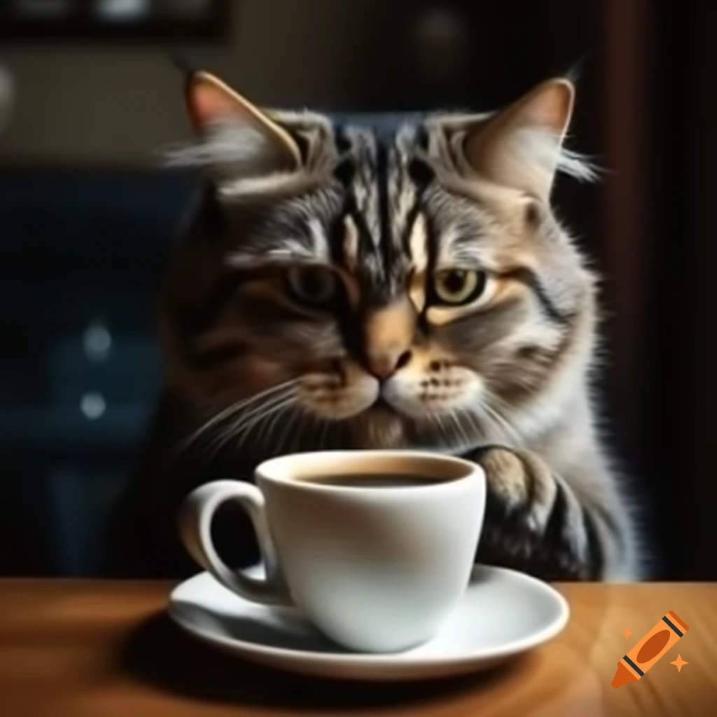 Cat presenting a cup of coffee