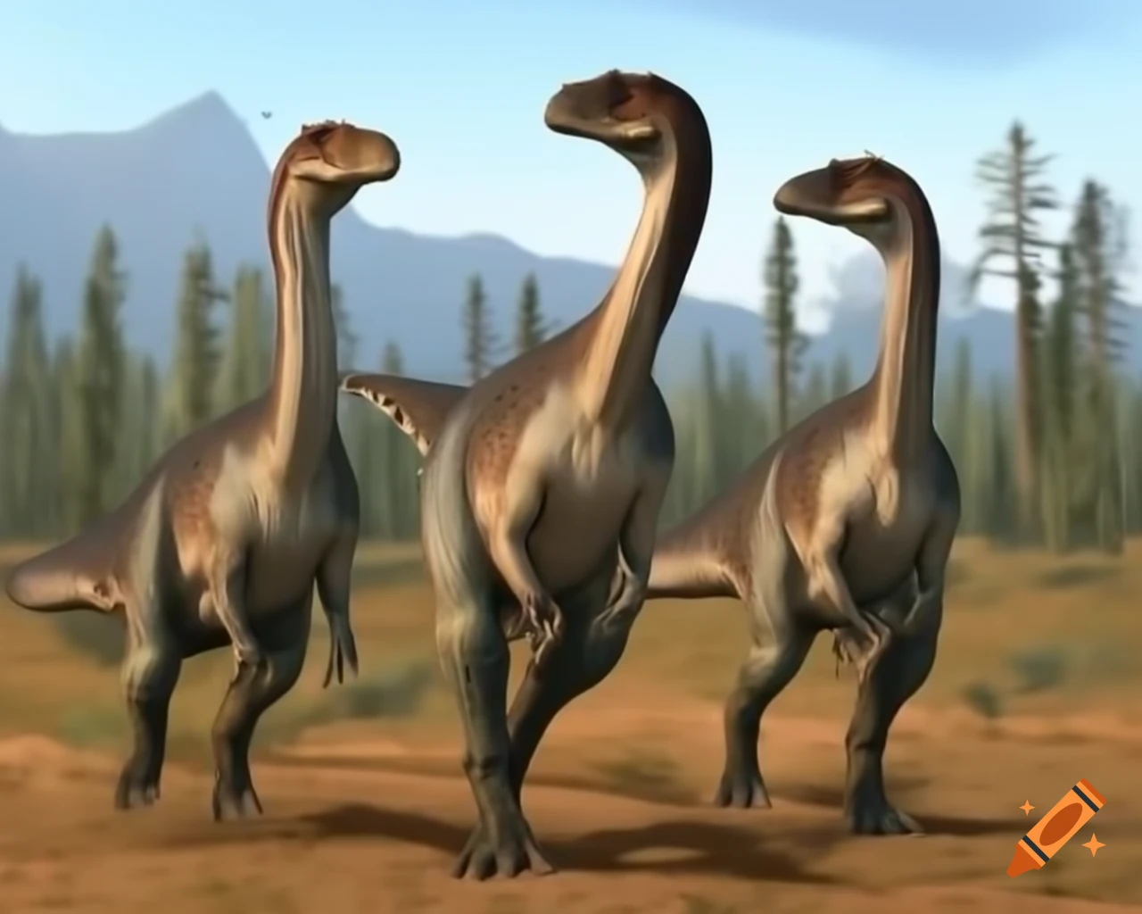 Crested hadrosaurus crossing rough terrain with dead trees in British Columbia, morning light