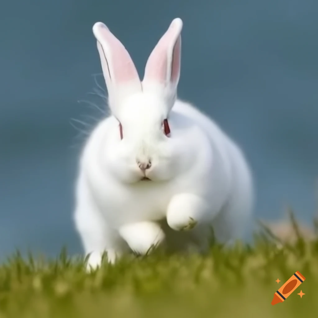 Running white rabbit approaching the viewer