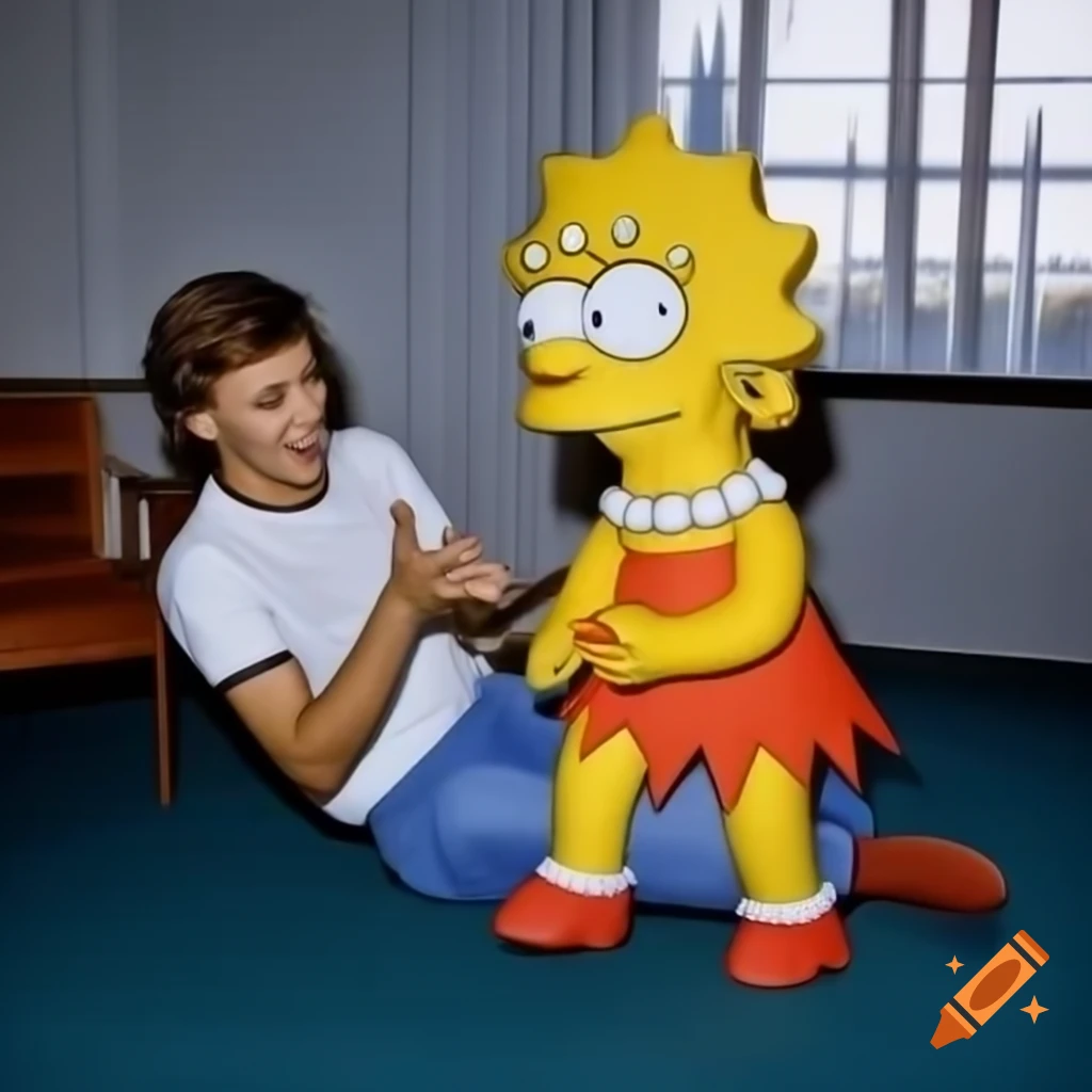 Young man interacting with Lisa Simpson mascot in bright room