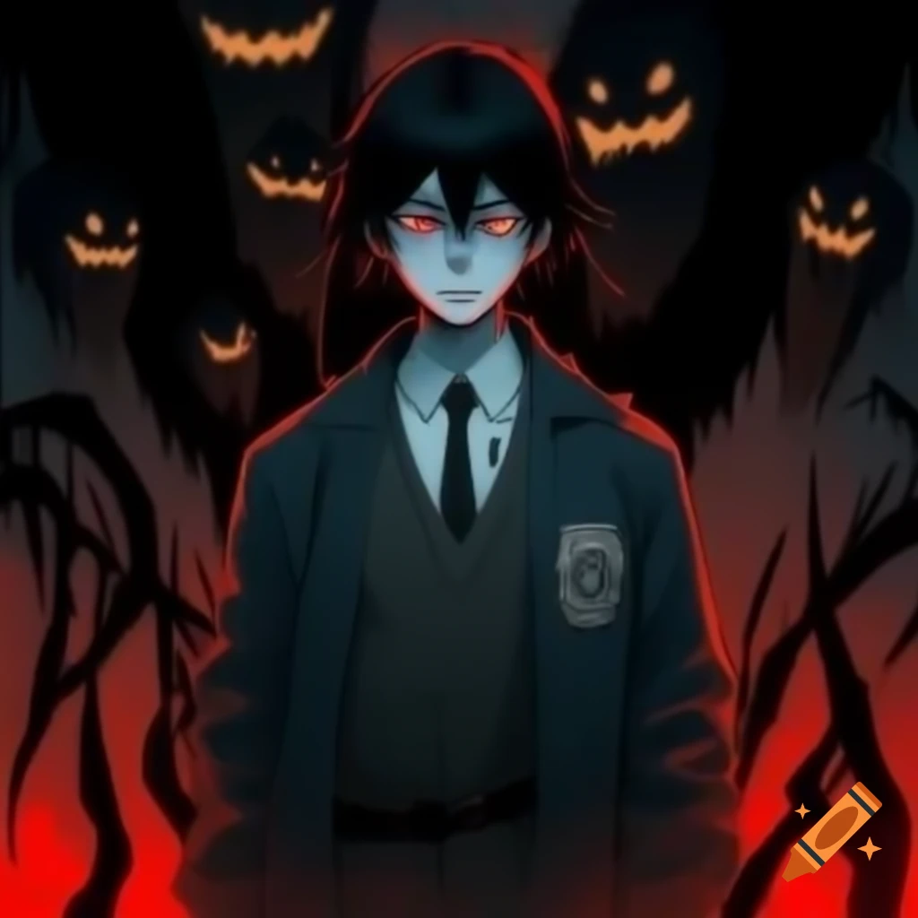 Scary tall anime man with eerie background