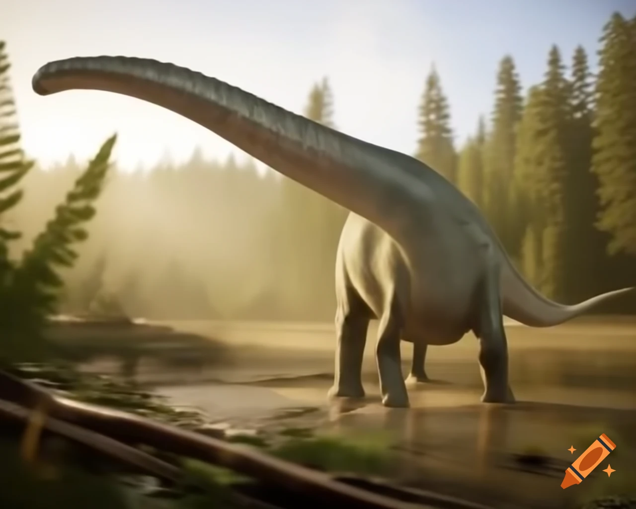 Light grey Diplodocus walking along muddy bank of lake with driftwood and ferns in golden hour