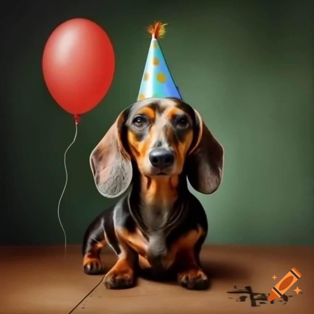 Dachshund wearing birthday hat with large balloon marked fifteen