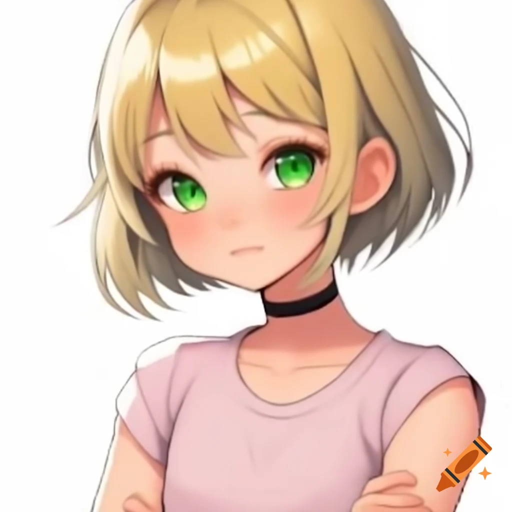 Anime girl with blonde hair and green eyes in pink t-shirt with arms crossed
